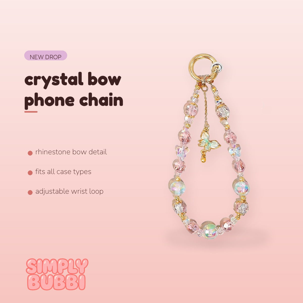 SIMPLYBUBBI Crystal Bow Wrist Phone Chain - Image 2