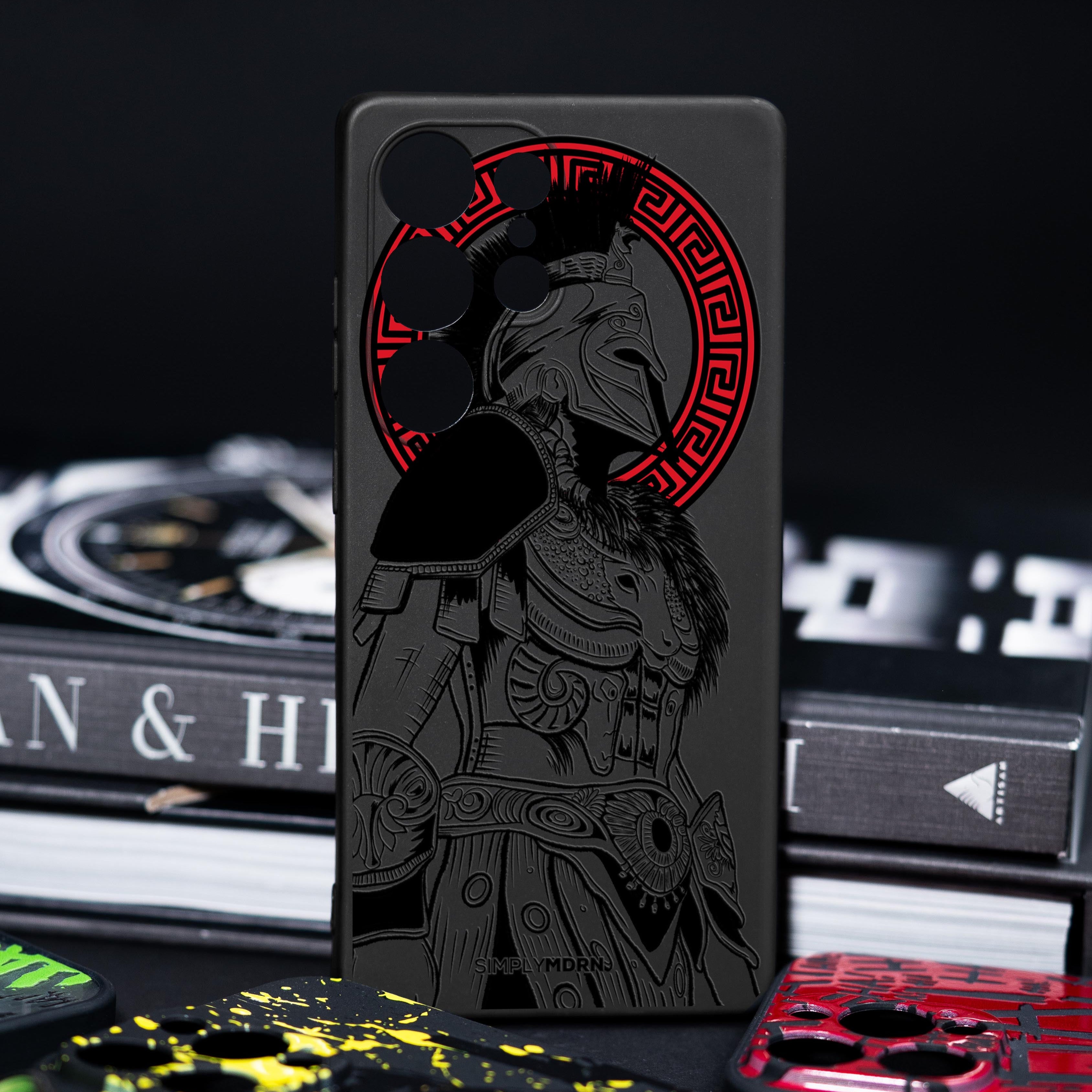 Decorative card with a warrior design on a black background