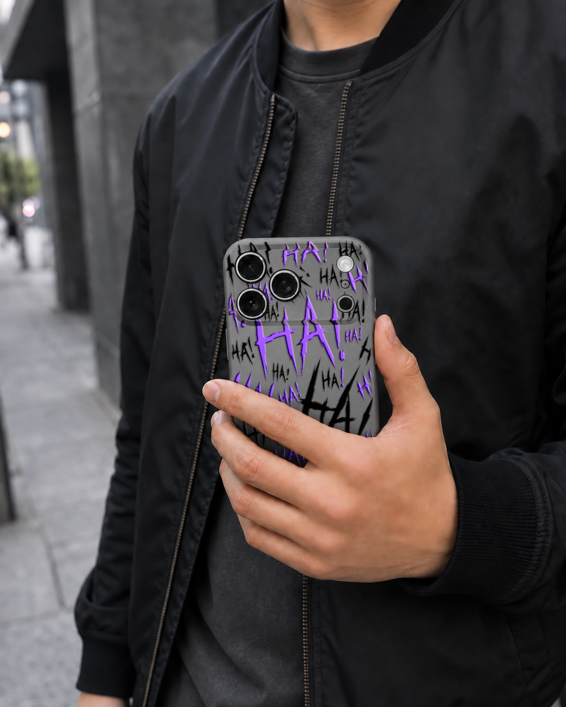 Jokester Murasaki: purple scattered HA brush lettering on the gray Slim case, view 5