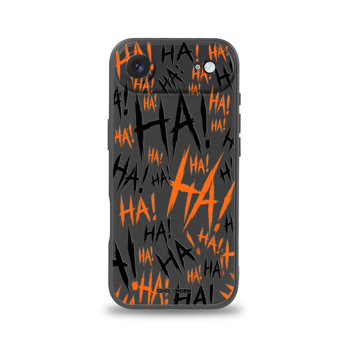 Jokester Arancio: orange scattered HA brush lettering on the black Slim case, view 1