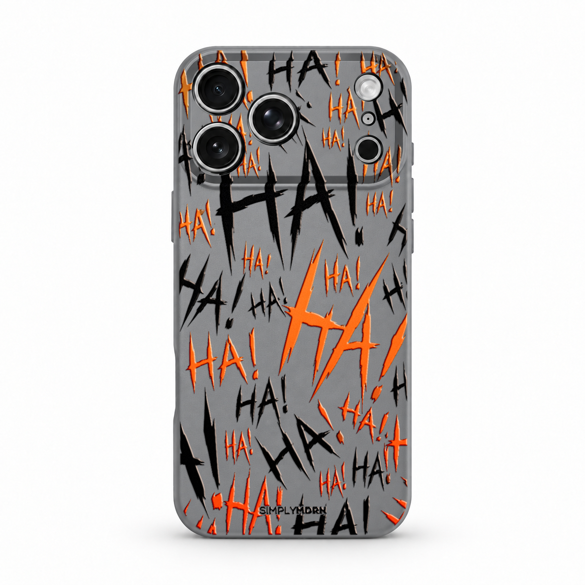 Jokester Arancio: orange scattered HA brush lettering on the gray Slim case, view 1