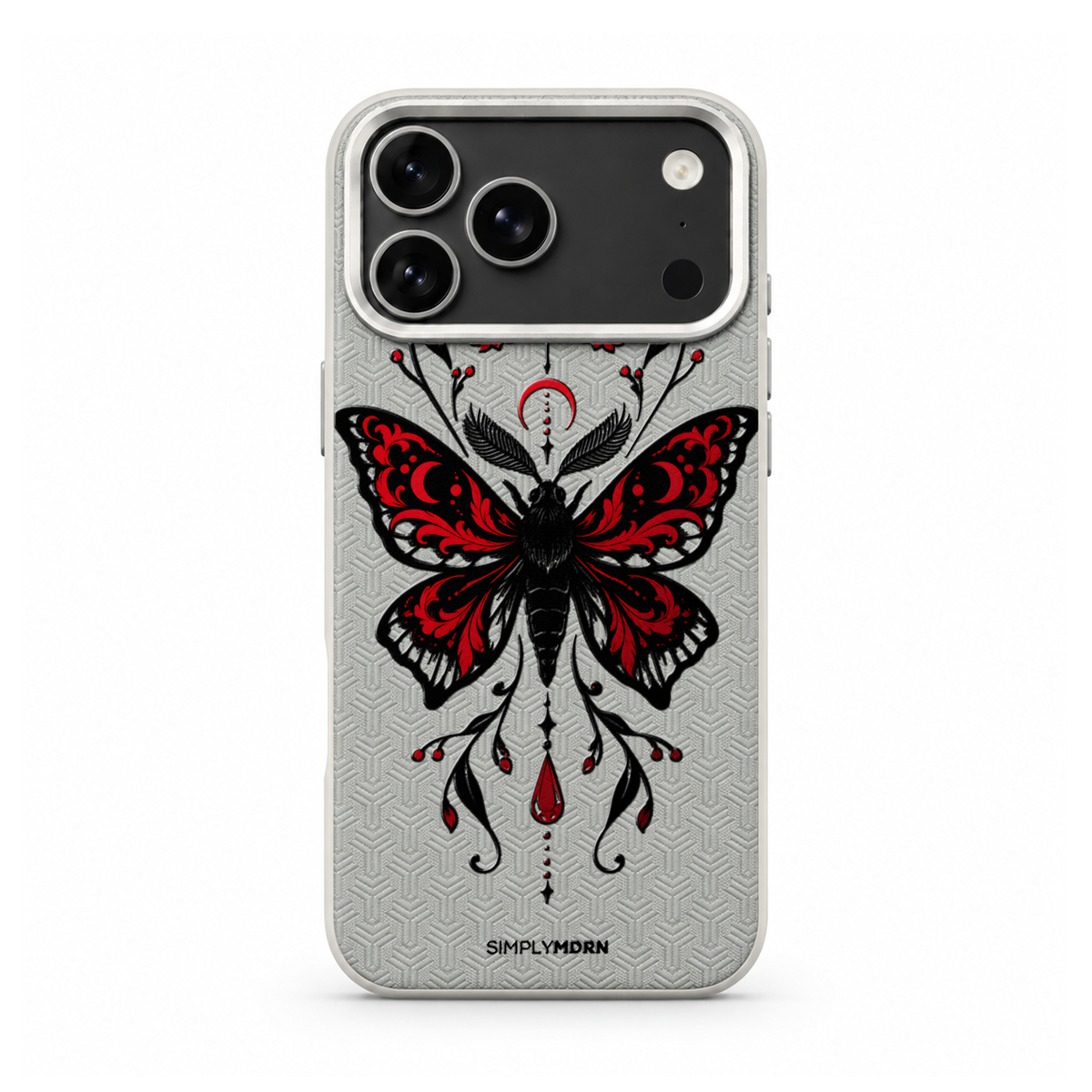DUSK MOTH LeatherX case in Light Gray, representative iPhone Pro-style template, view 1
