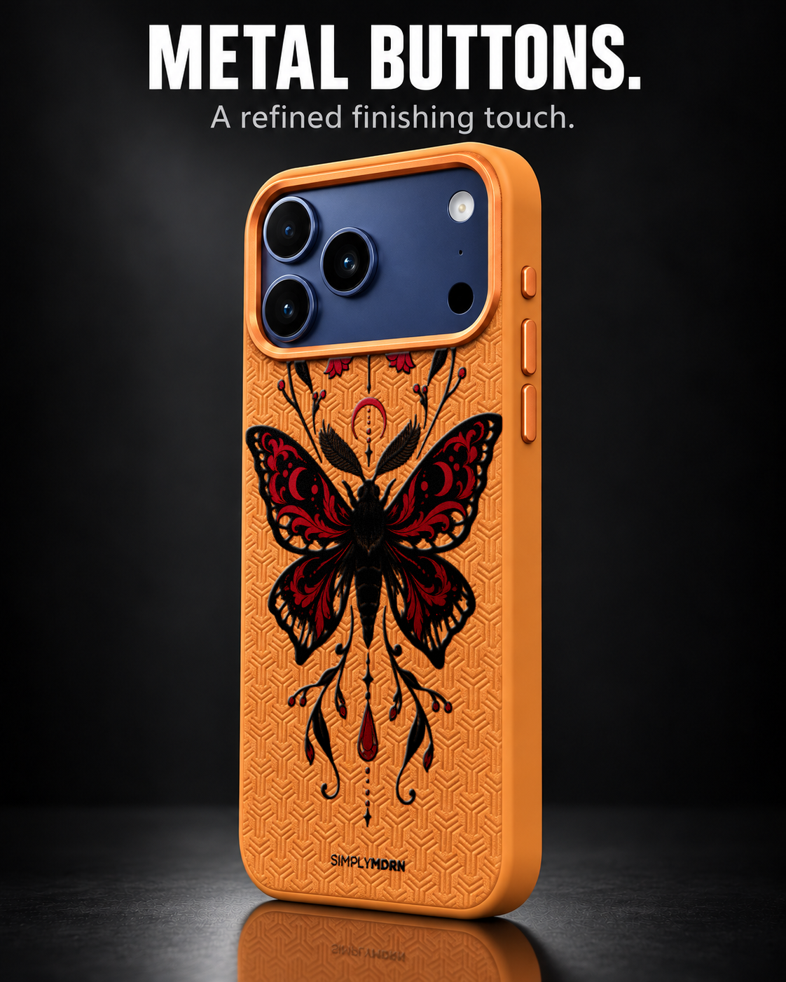 DUSK MOTH LeatherX case in Orange, representative iPhone Pro-style template, view 2