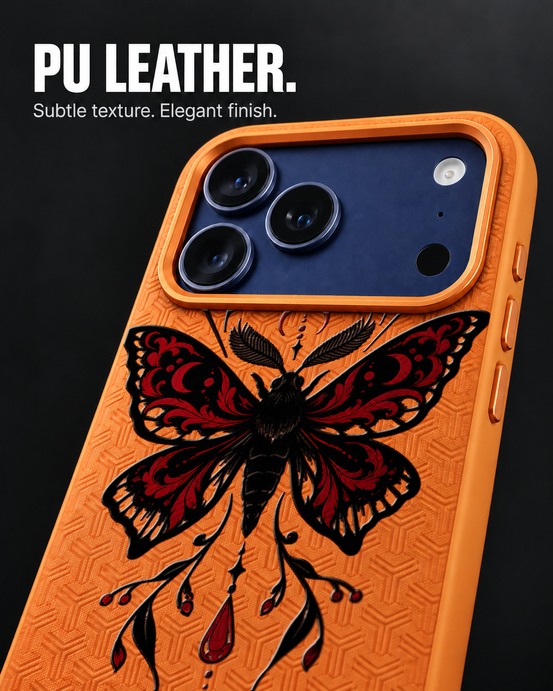DUSK MOTH LeatherX case in Orange, representative iPhone Pro-style template, view 3