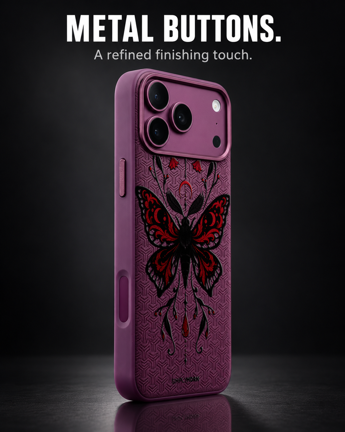 DUSK MOTH LeatherX case in Plum, representative iPhone Pro-style template, view 2