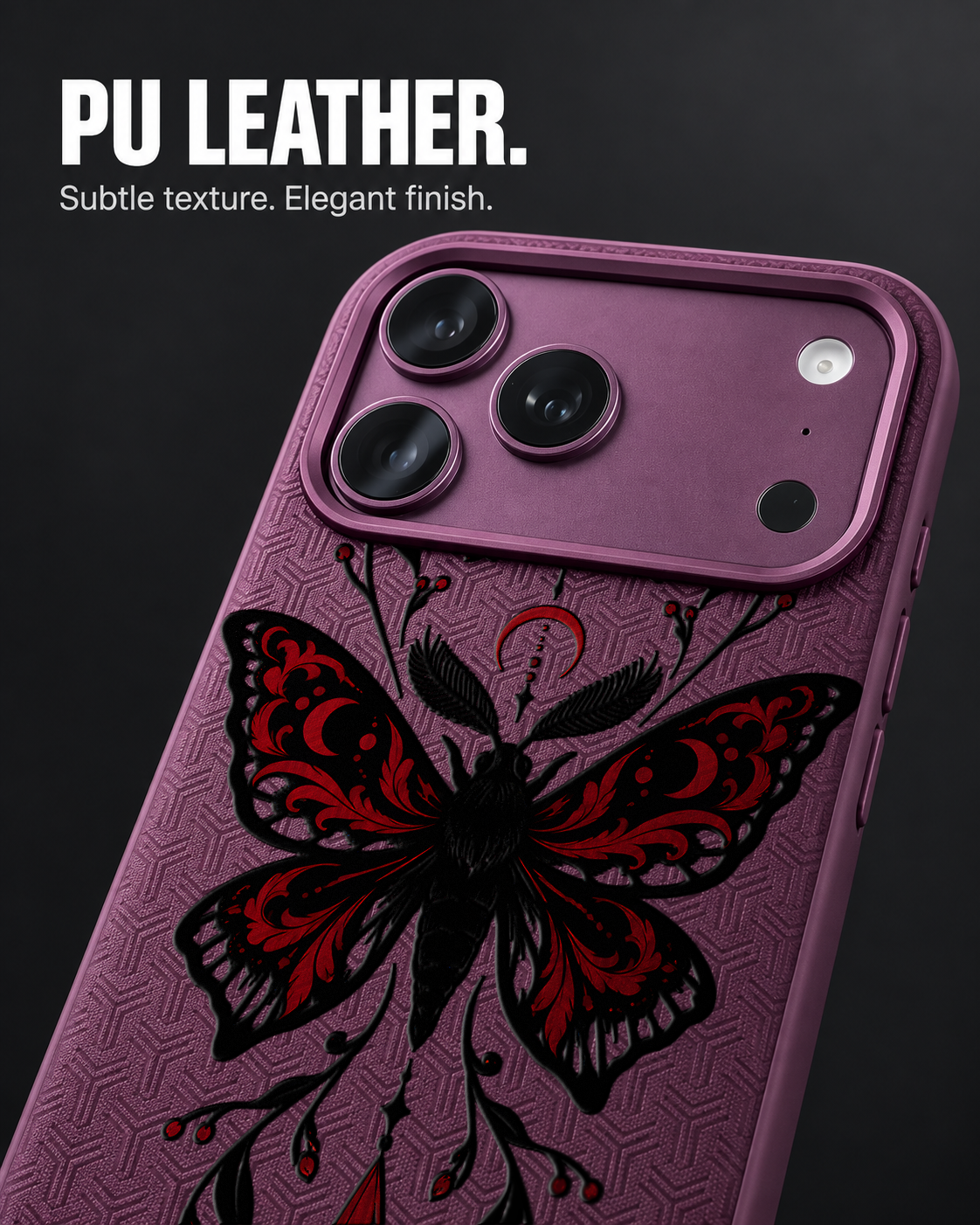DUSK MOTH LeatherX case in Plum, representative iPhone Pro-style template, view 3
