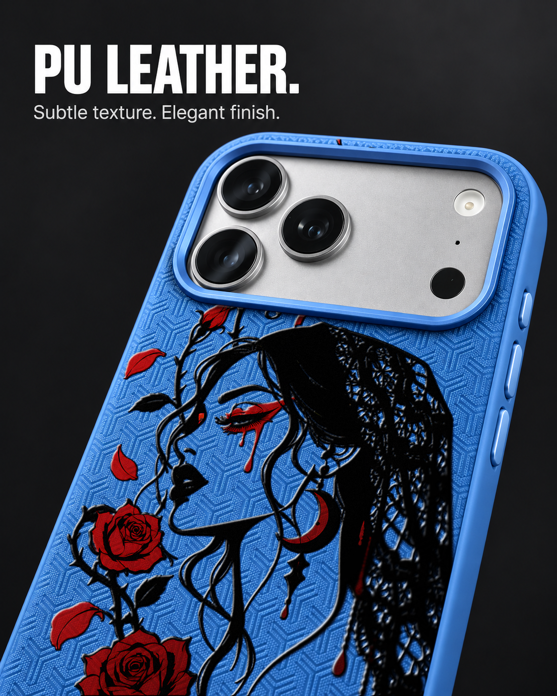 LACE WIDOW LeatherX case in Blue, representative iPhone Pro-style template, view 3