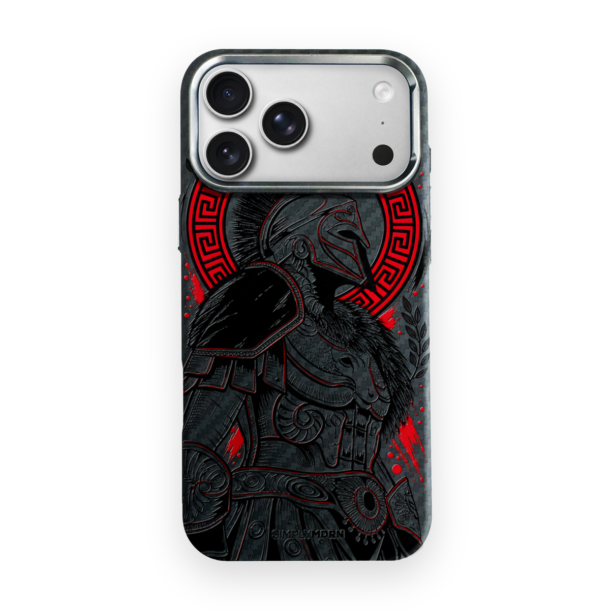 Gladiator black ink and restrained red warrior artwork on the Black Carbon case for iPhone 17 Pro, view 1