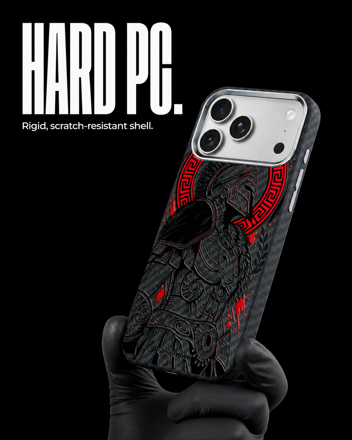 Gladiator black ink and restrained red warrior artwork on the Black Carbon case for iPhone 17 Pro, view 3