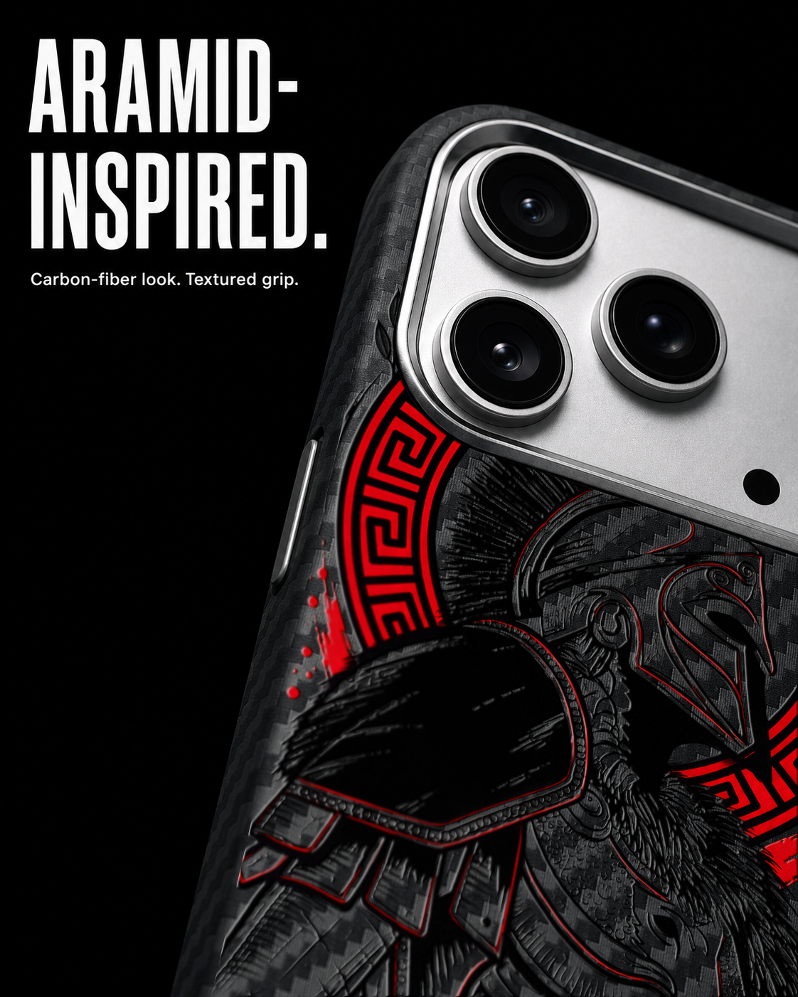 Gladiator black ink and restrained red warrior artwork on the Black Carbon case for iPhone 17 Pro, view 4