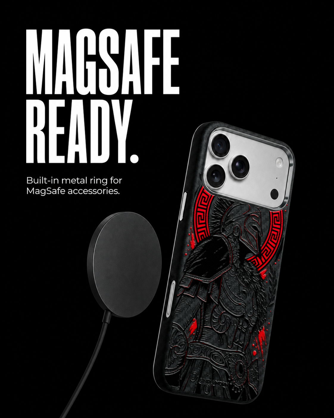 Gladiator black ink and restrained red warrior artwork on the Black Carbon case for iPhone 17 Pro, view 5
