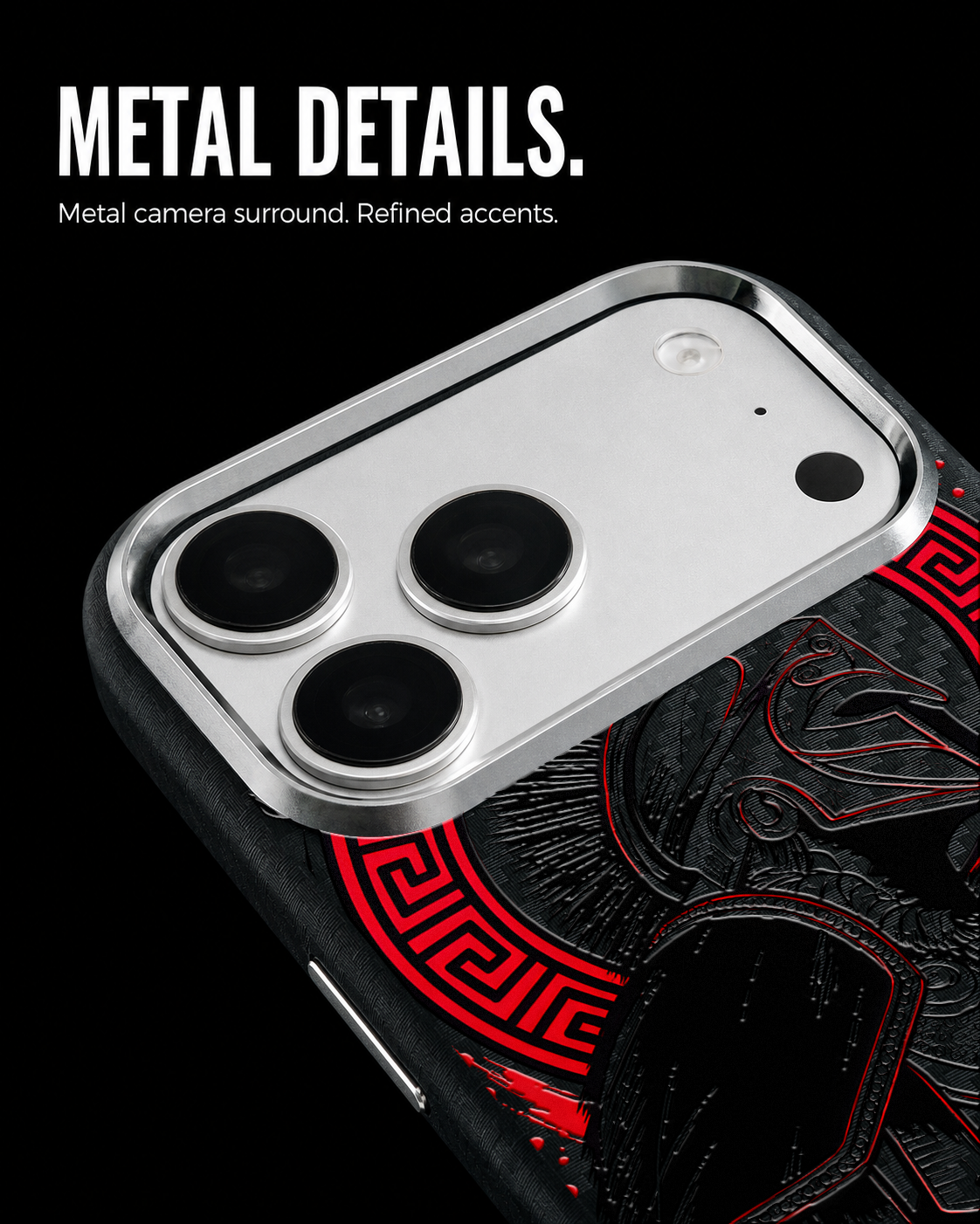 Gladiator black ink and restrained red warrior artwork on the Black Carbon case for iPhone 17 Pro, view 6