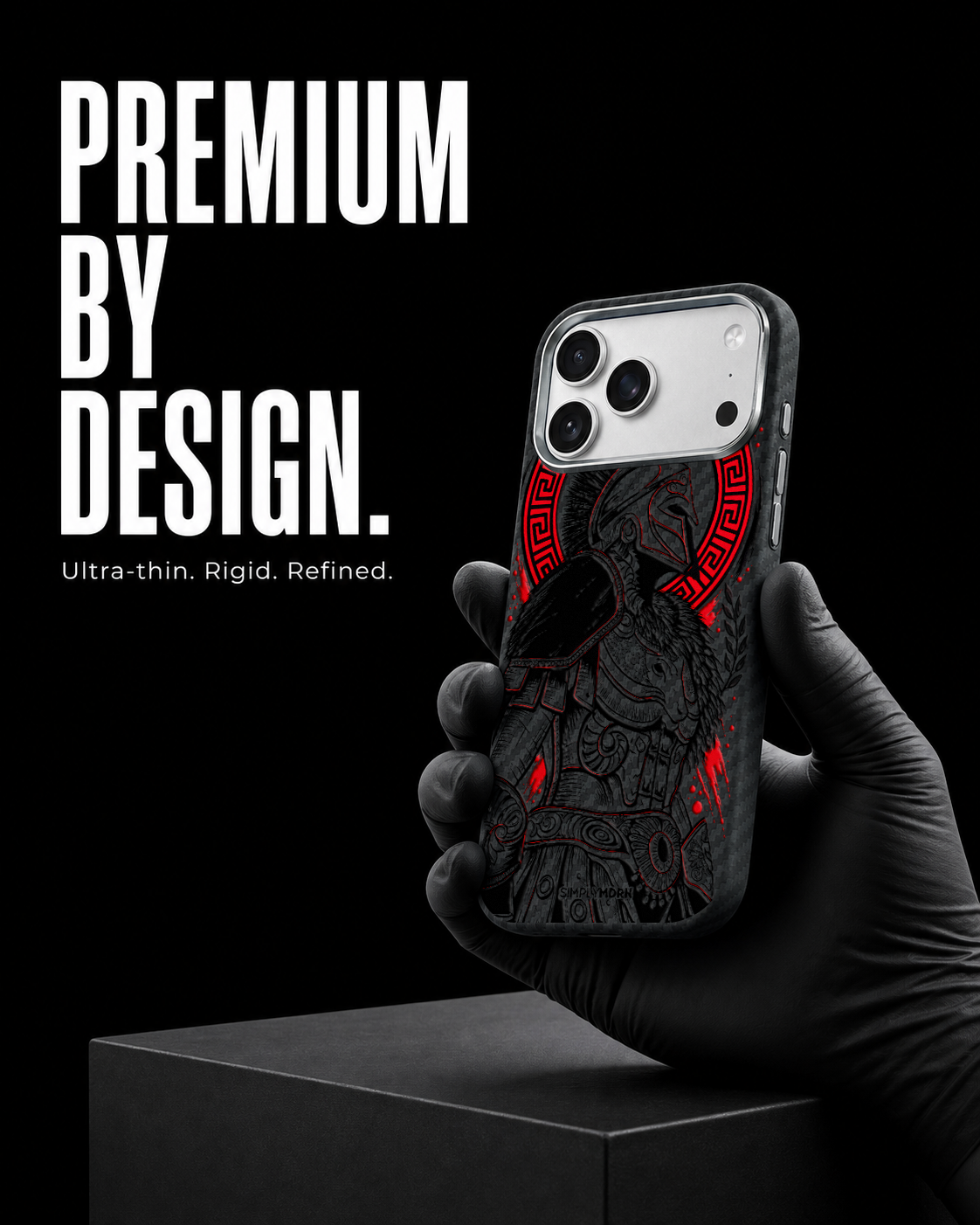 Gladiator black ink and restrained red warrior artwork on the Black Carbon case for iPhone 17 Pro, view 7