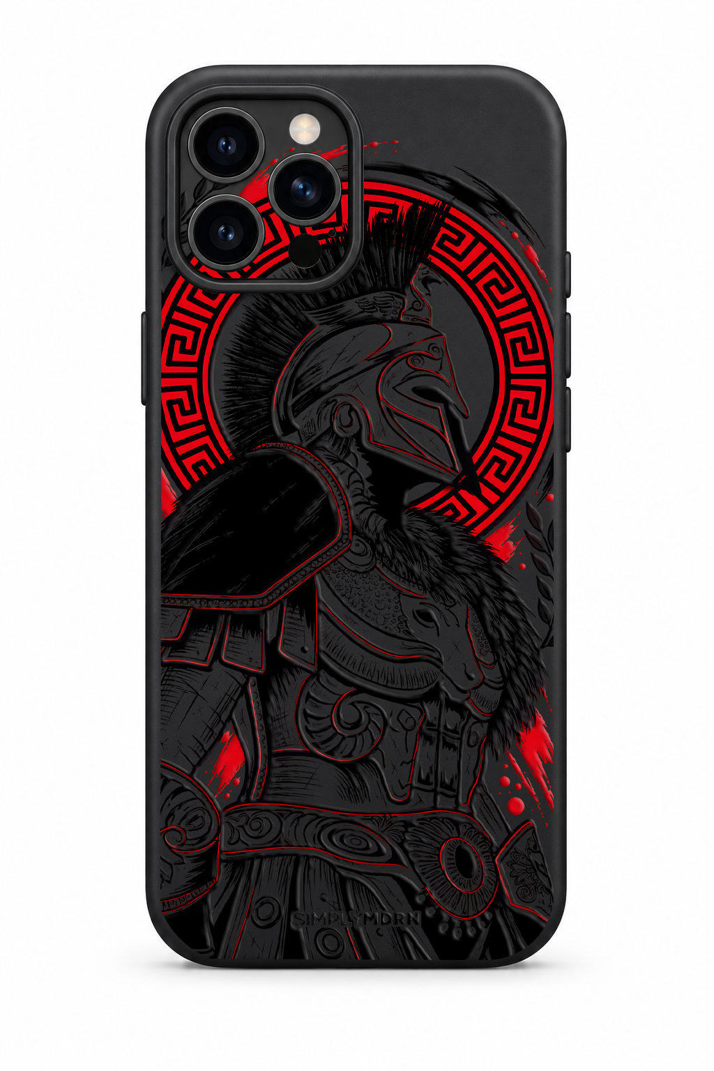 Gladiator black ink and restrained red warrior artwork on the Black Slim case for iPhone 12 Pro, view 1