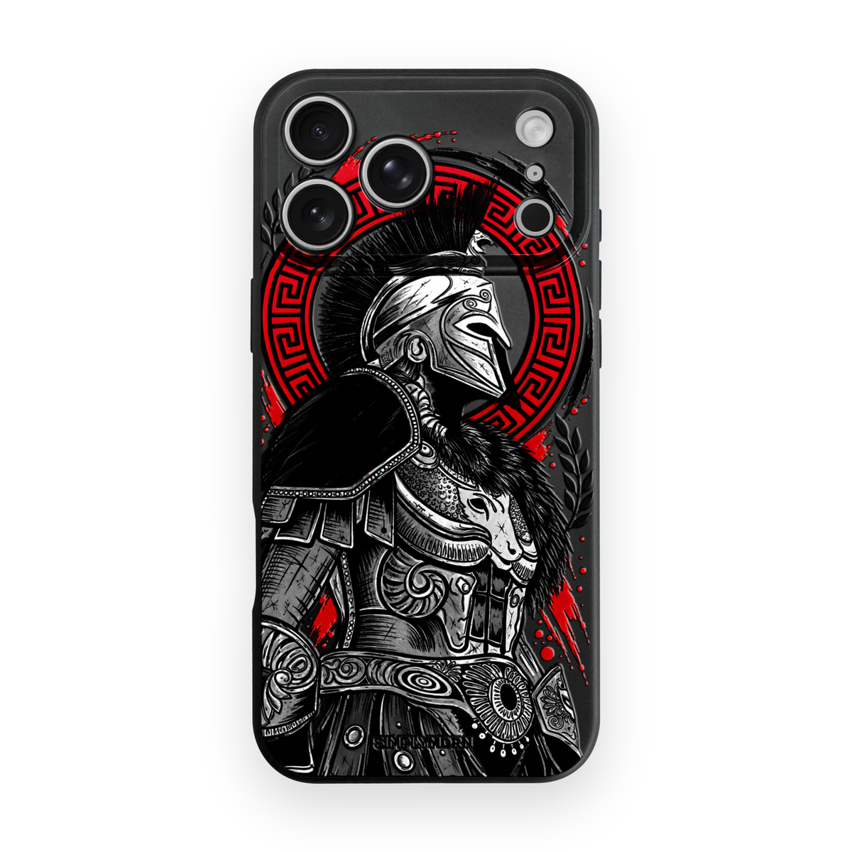 Gladiator black, silver and red warrior artwork on the Black Slim case for iPhone 17 Pro Max, view 1