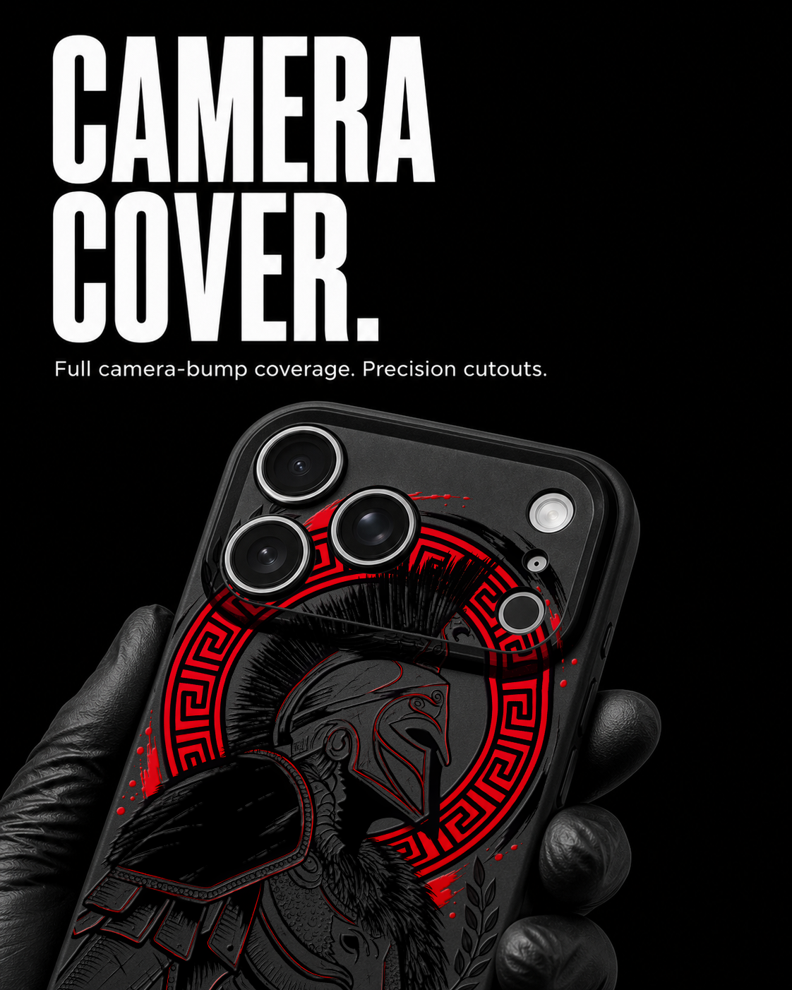 Gladiator black ink and restrained red warrior artwork on the Black Slim case for iPhone 17 Pro Max, view 4