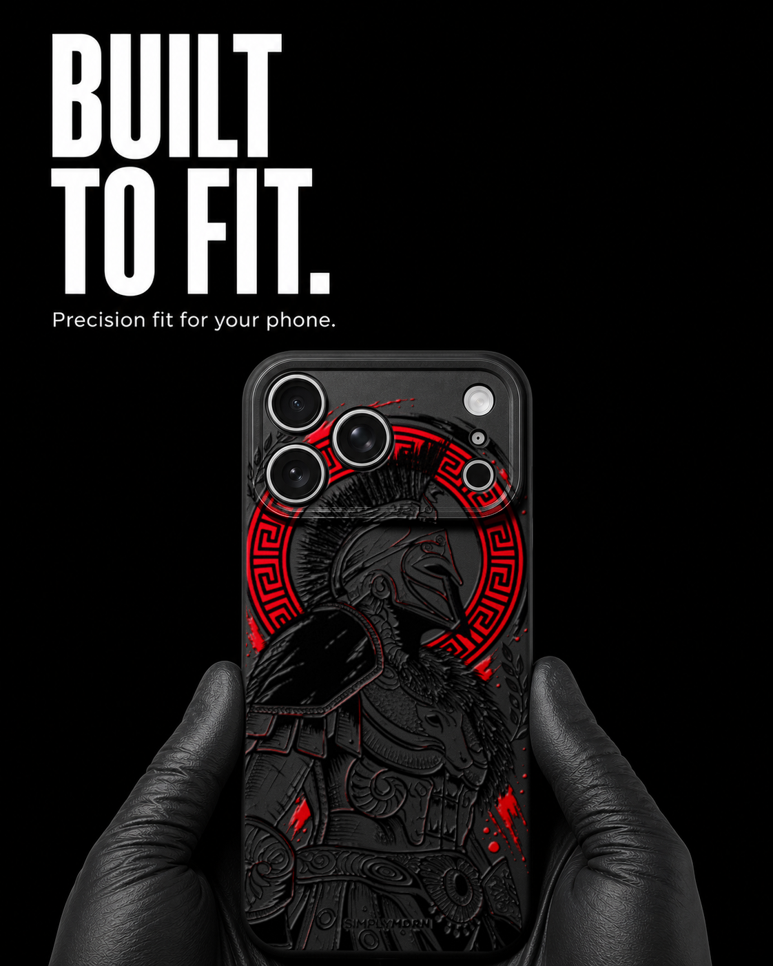 Gladiator black ink and restrained red warrior artwork on the Black Slim case for iPhone 17 Pro Max, view 6