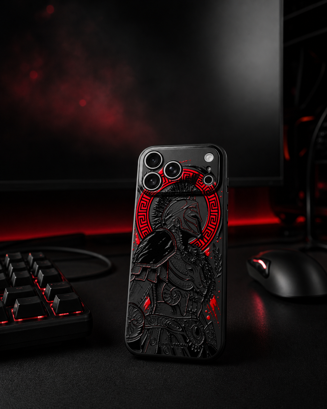 Gladiator black ink and restrained red warrior artwork on the Black Slim case for iPhone 17 Pro Max, view 7
