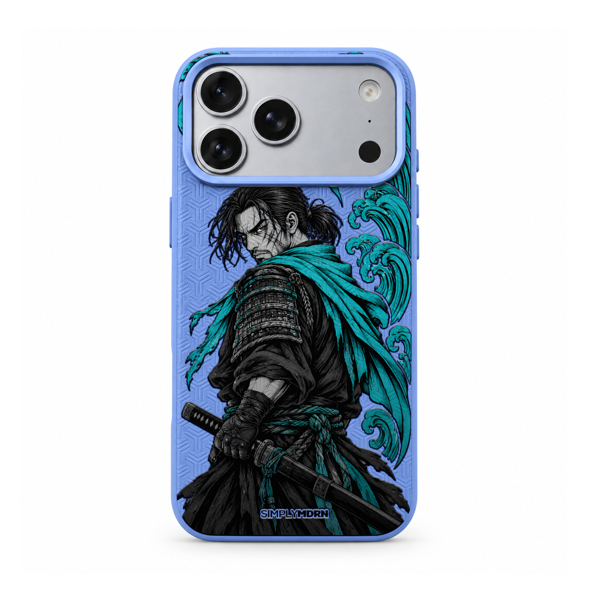 TIDEBLADE LeatherX case in Periwinkle, representative iPhone Pro-style template, view 1