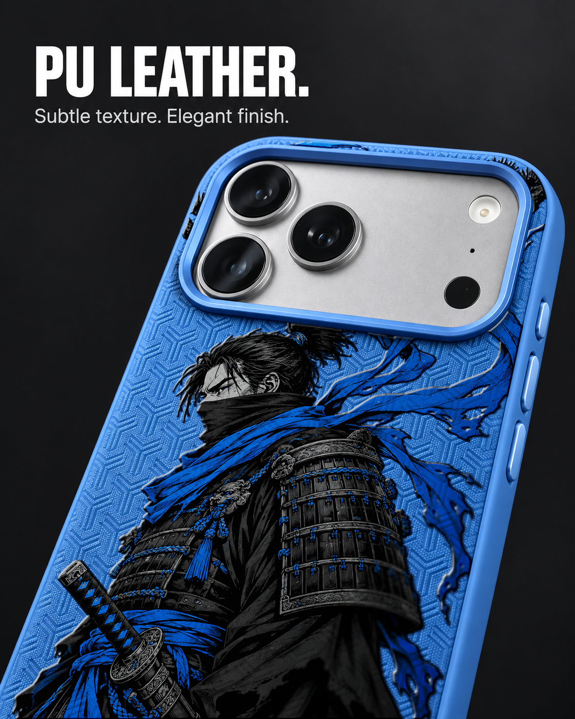 AZURE WATCH LeatherX case in Blue, representative iPhone Pro-style template, view 3
