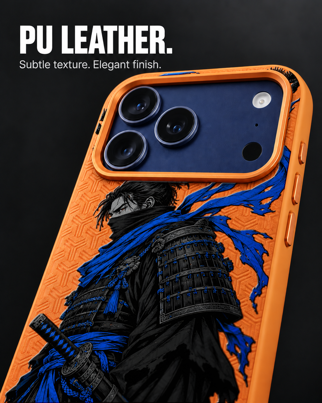 AZURE WATCH LeatherX case in Orange, representative iPhone Pro-style template, view 3