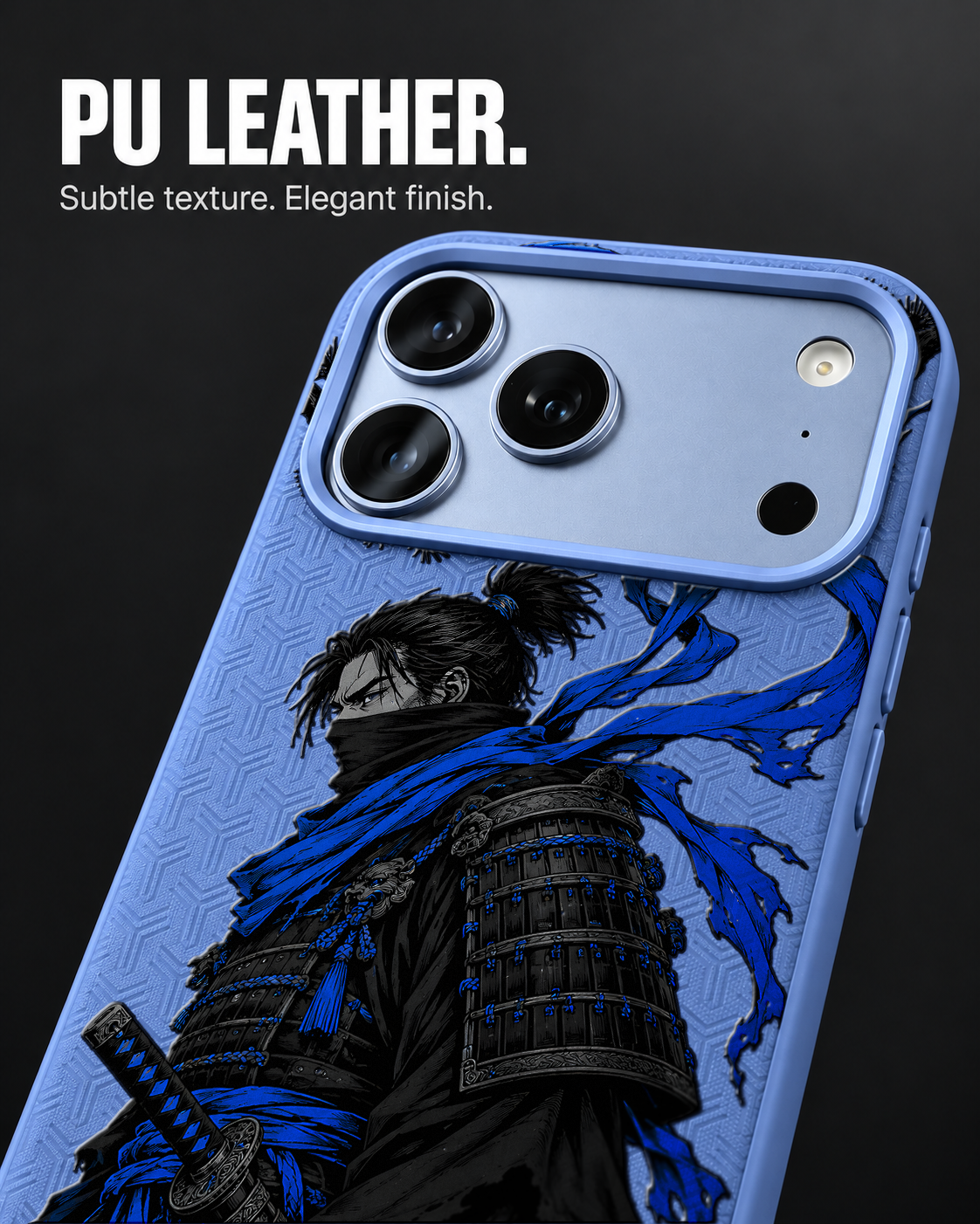 AZURE WATCH LeatherX case in Periwinkle, representative iPhone Pro-style template, view 3