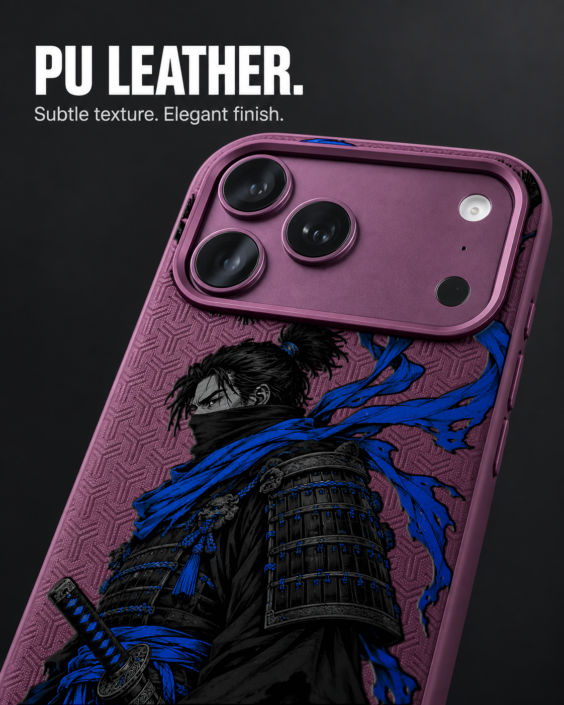 AZURE WATCH LeatherX case in Plum, representative iPhone Pro-style template, view 3
