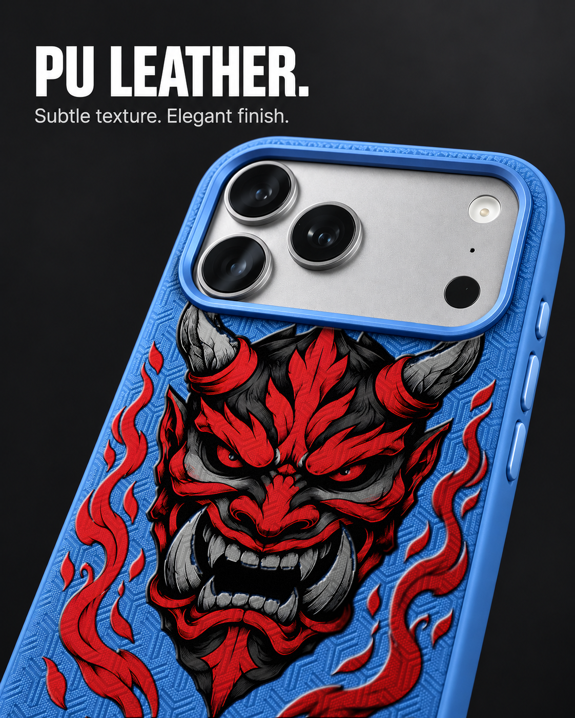 CINDER MAW LeatherX case in Blue, representative iPhone Pro-style template, view 3
