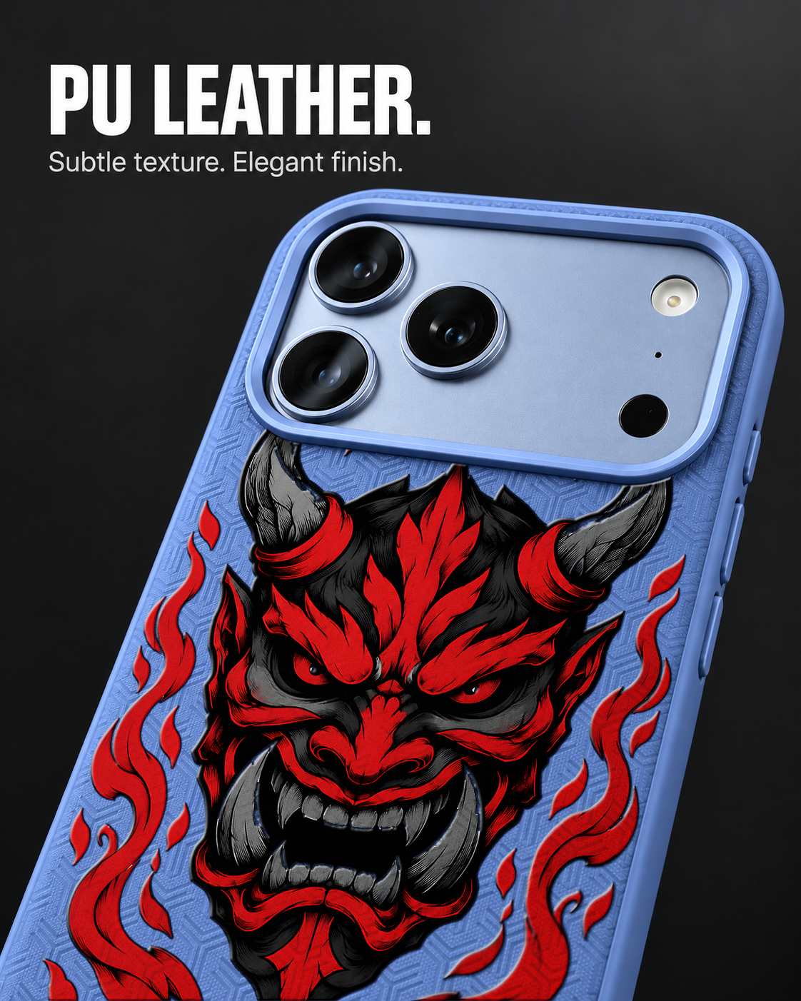 CINDER MAW LeatherX case in Periwinkle, representative iPhone Pro-style template, view 3