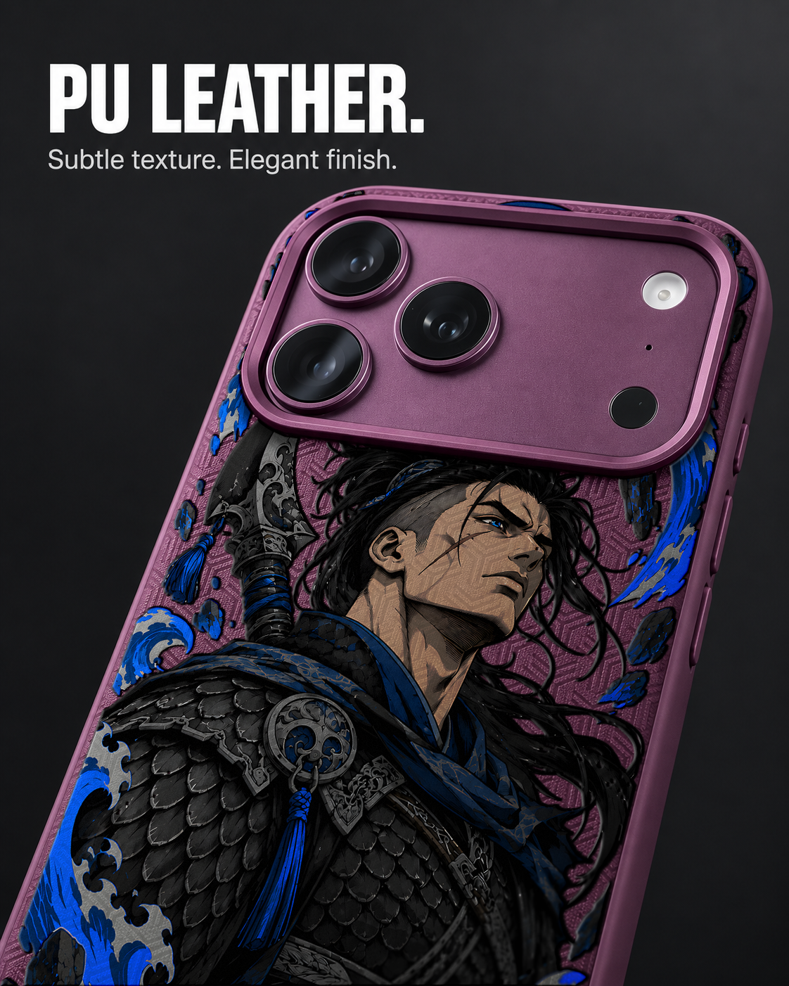 TIDAL RONIN LeatherX case in Plum, representative iPhone Pro-style template, view 3