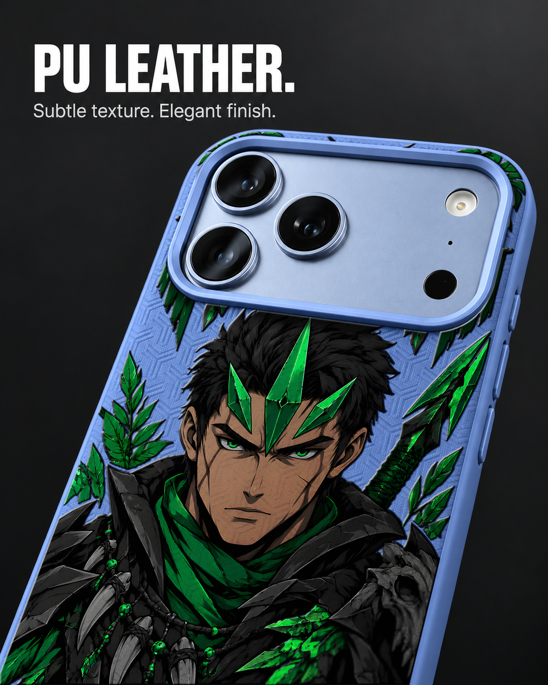 JADE PREDATOR LeatherX case in Periwinkle, representative iPhone Pro-style template, view 3
