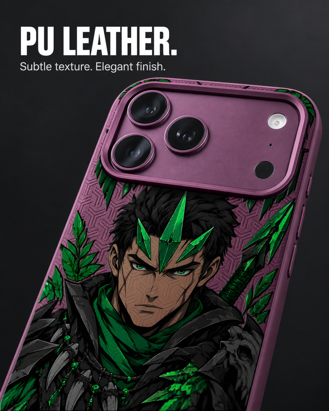 JADE PREDATOR LeatherX case in Plum, representative iPhone Pro-style template, view 3