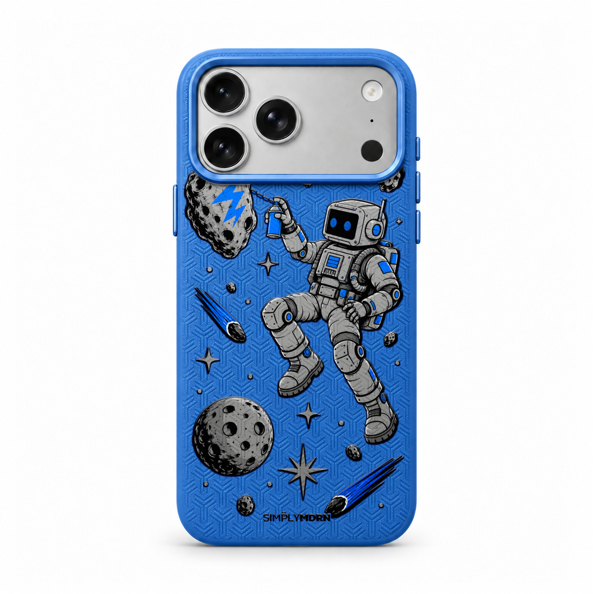 COSMIC TAG LeatherX case in Blue, representative iPhone Pro-style template, view 1