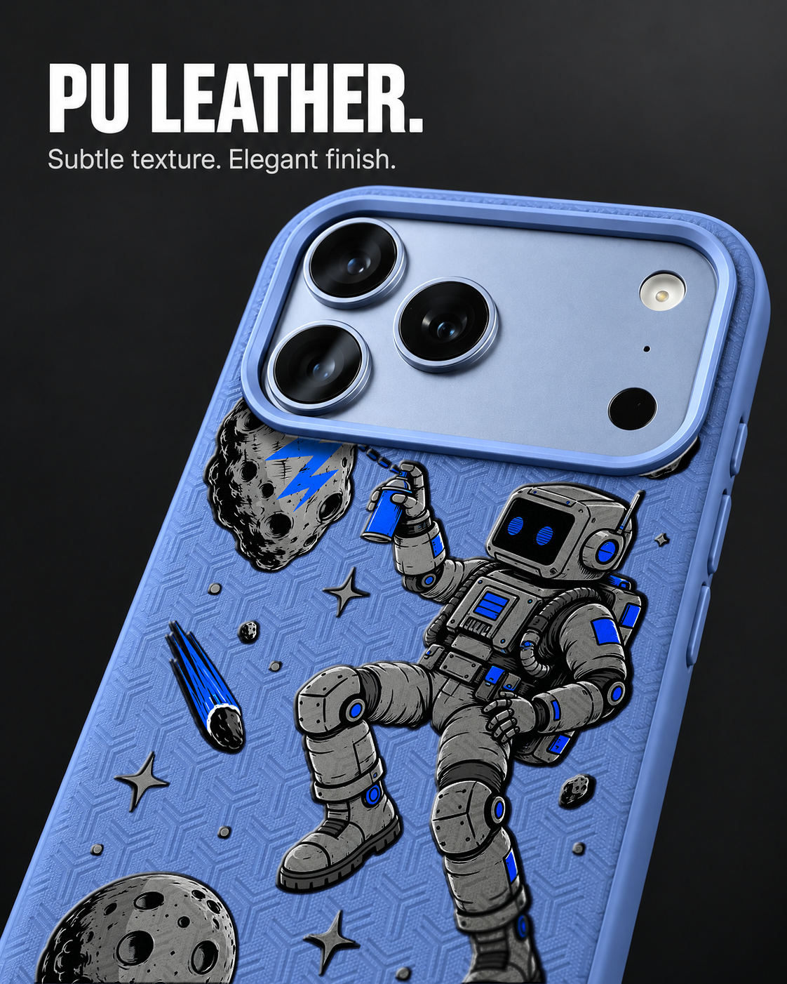 COSMIC TAG LeatherX case in Periwinkle, representative iPhone Pro-style template, view 3