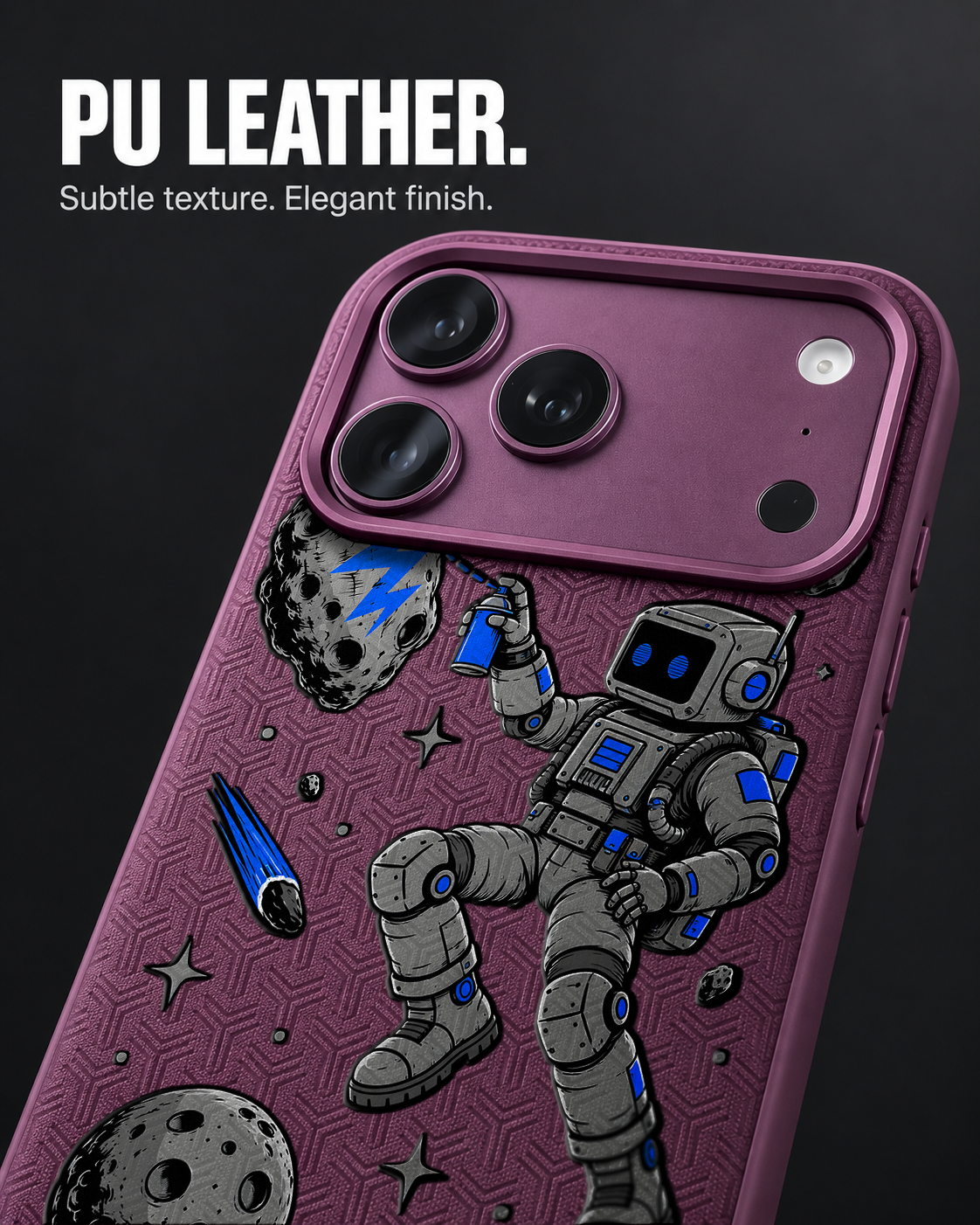COSMIC TAG LeatherX case in Plum, representative iPhone Pro-style template, view 3