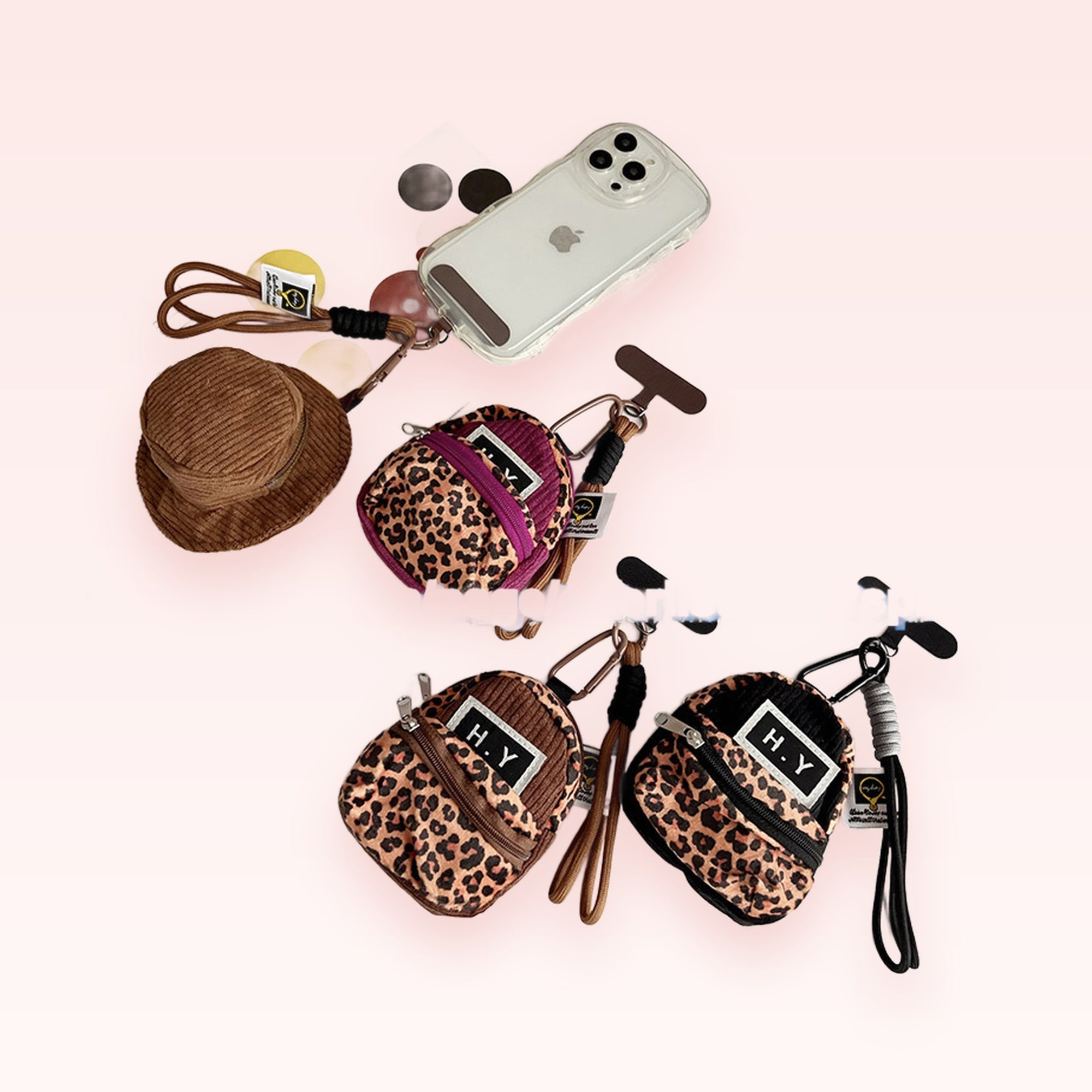 Leopard Print Mini Backpack Phone Charm | Cute Corduroy Wrist Strap Keychain