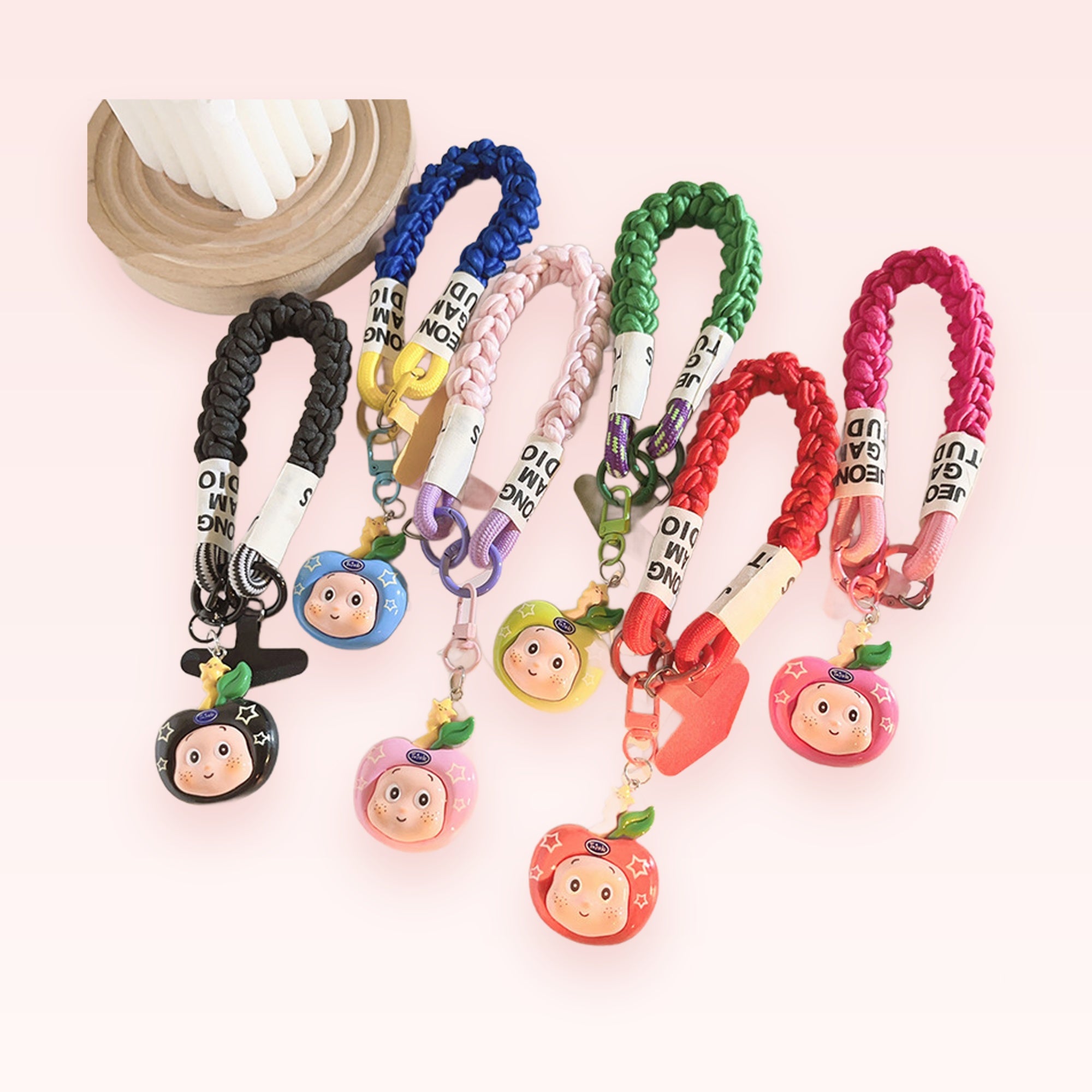 Kawaii Braided Wrist Phone Charm | Cute Apple Character Lanyard Strap