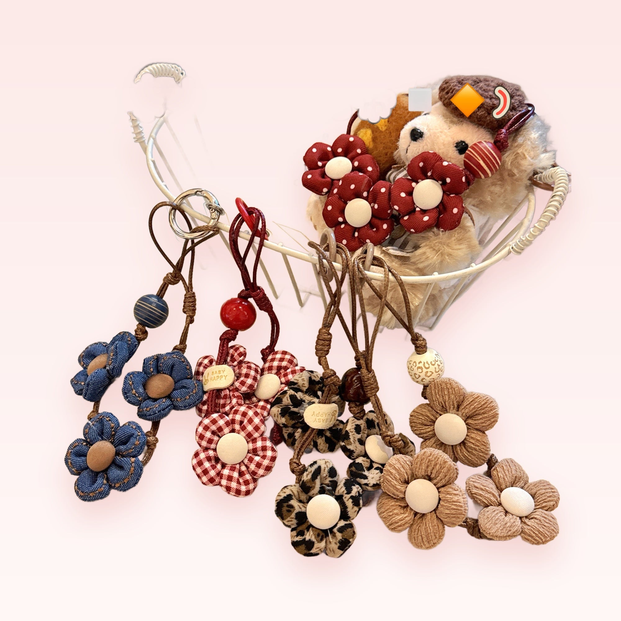 Cute Fabric Flower Phone Charm Wristlet | Aesthetic Plaid & Leopard Print Phone Strap
