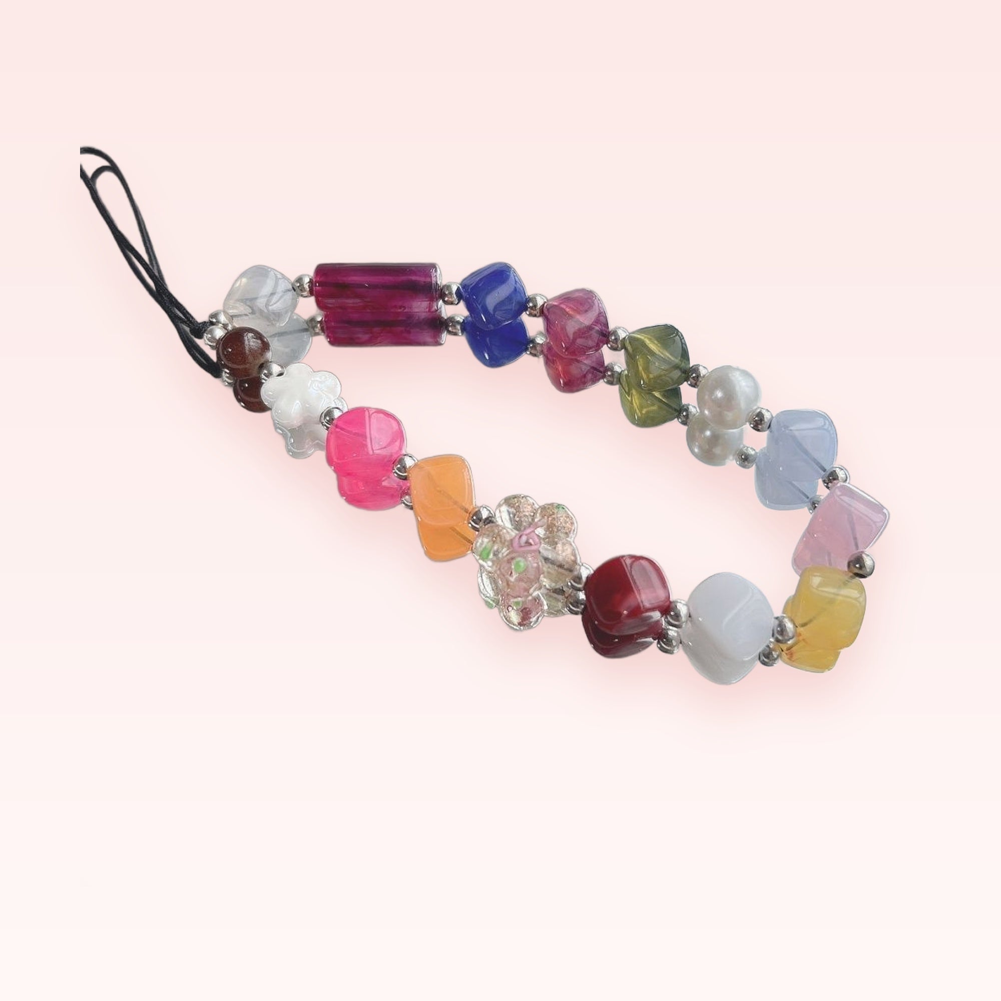 Aesthetic Colorful Beaded Phone Charm Strap | Y2K Square & Flower Bead Wrist Lanyard