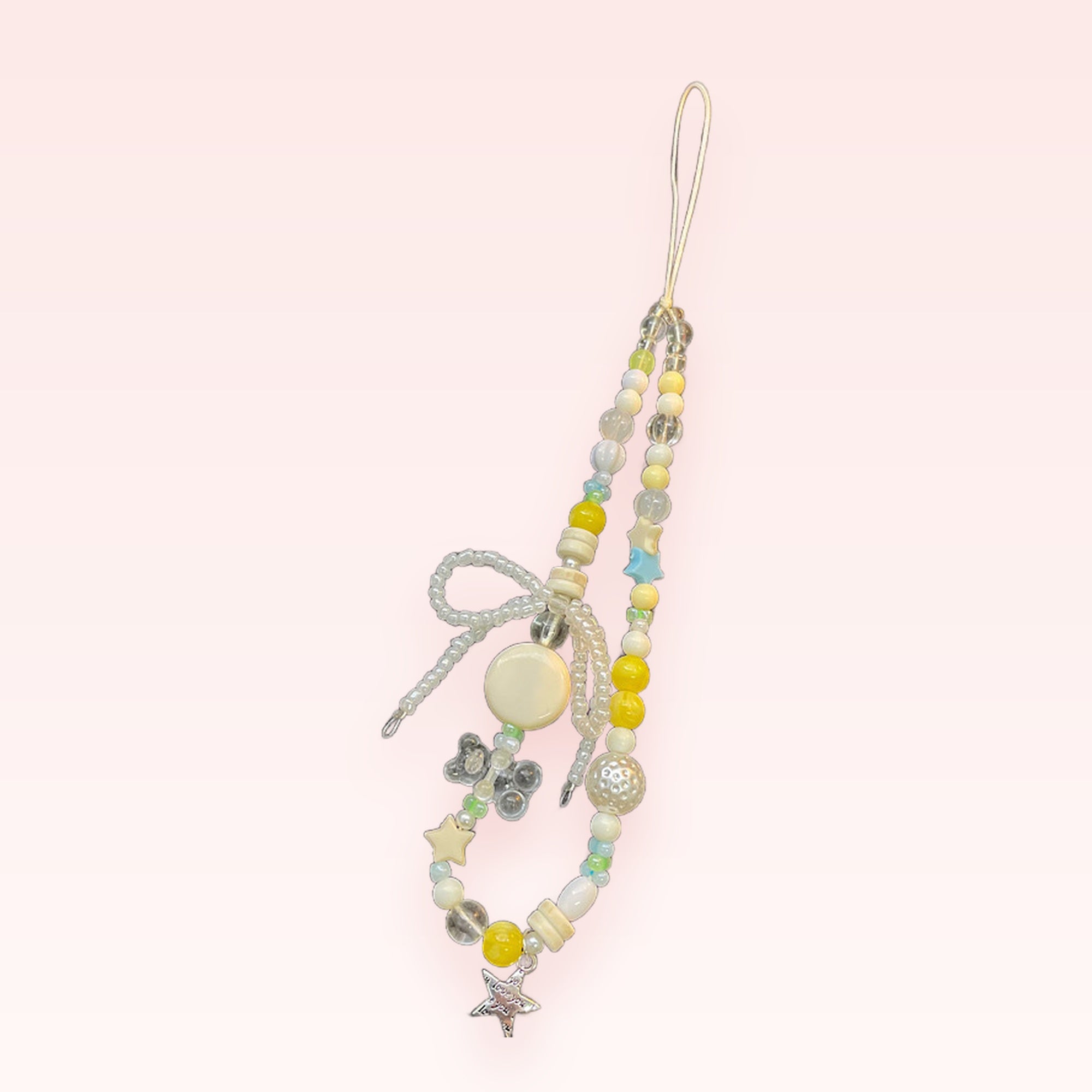 Aesthetic Yellow & White Beaded Phone Charm | Kawaii Star & Bow Wrist Strap