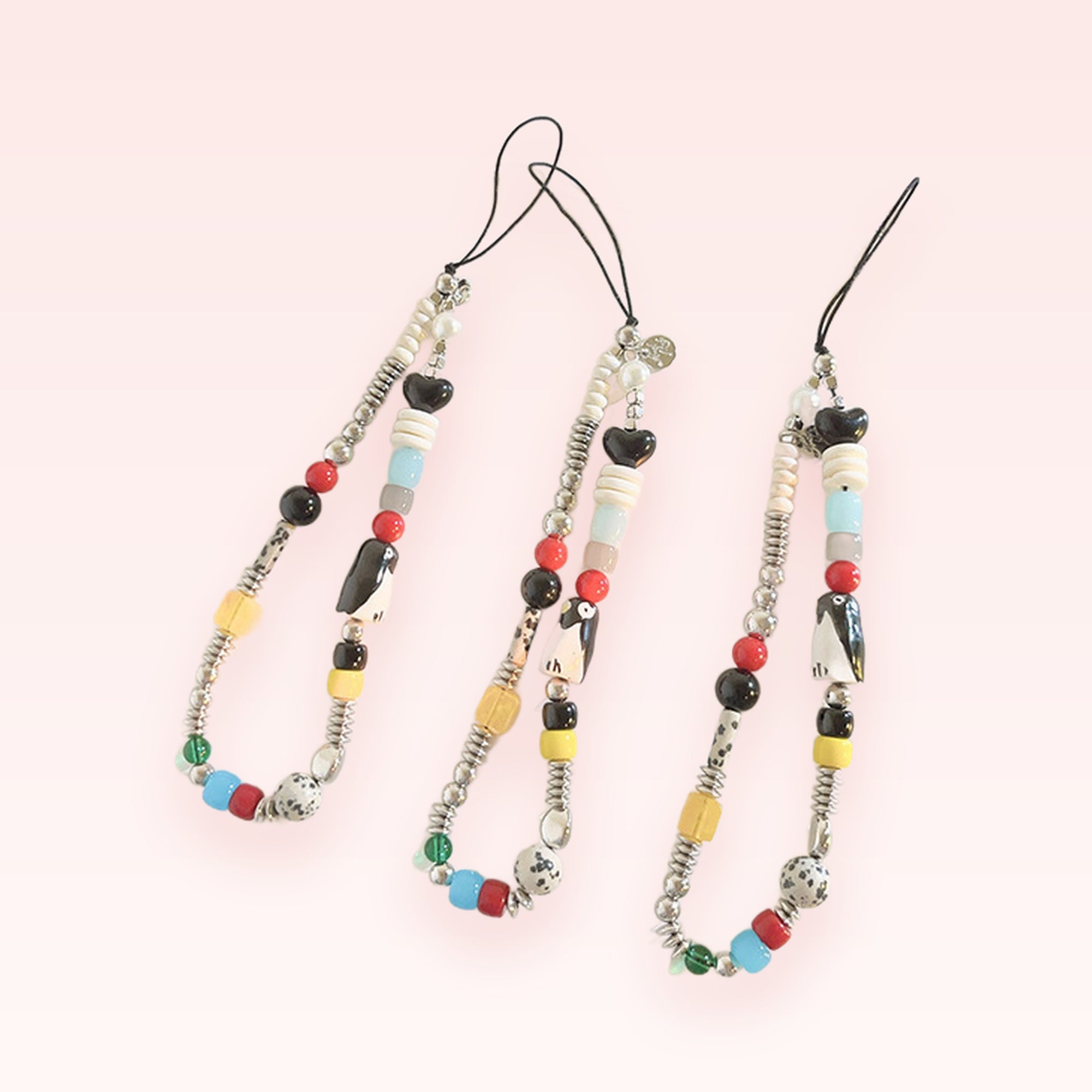 Kawaii Beaded Penguin & Heart Phone Charm Strap | Colorful Y2K Wrist Lanyard