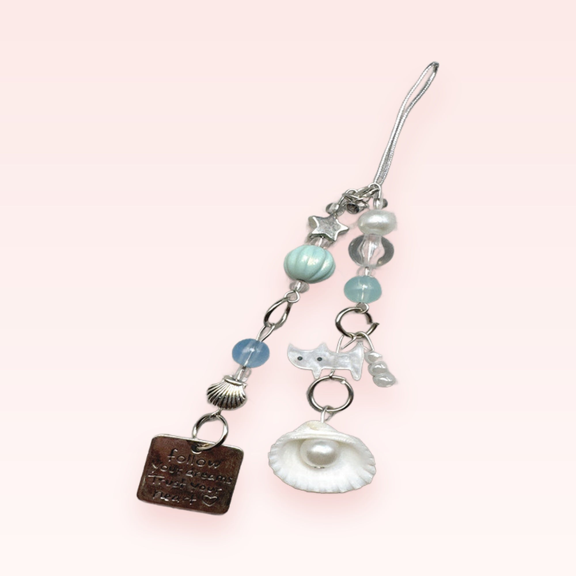Kawaii Pastel Blue & Pearl Beaded Phone Charm | Ocean-Themed Shell & Star Lanyard