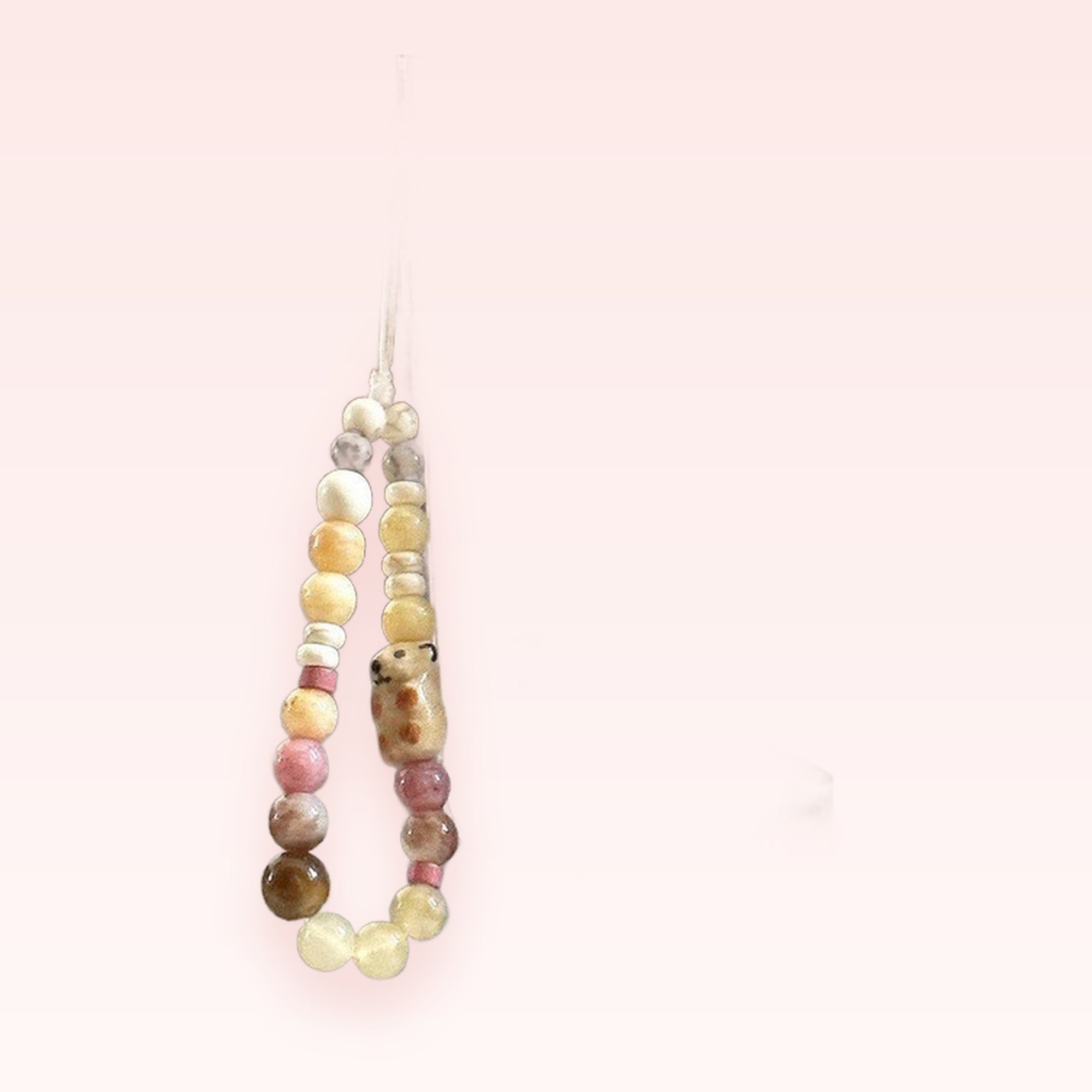 Aesthetic Beaded Phone Charm Strap with Bear Charm | Pastel Pink & Yellow Wrist Lanyard