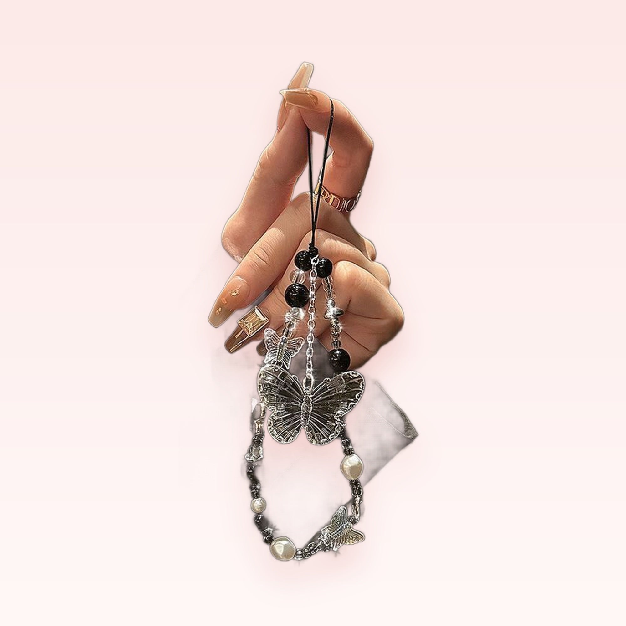 Aesthetic Clear Butterfly & Black Pearl Phone Charm | Y2K Beaded Wrist Strap