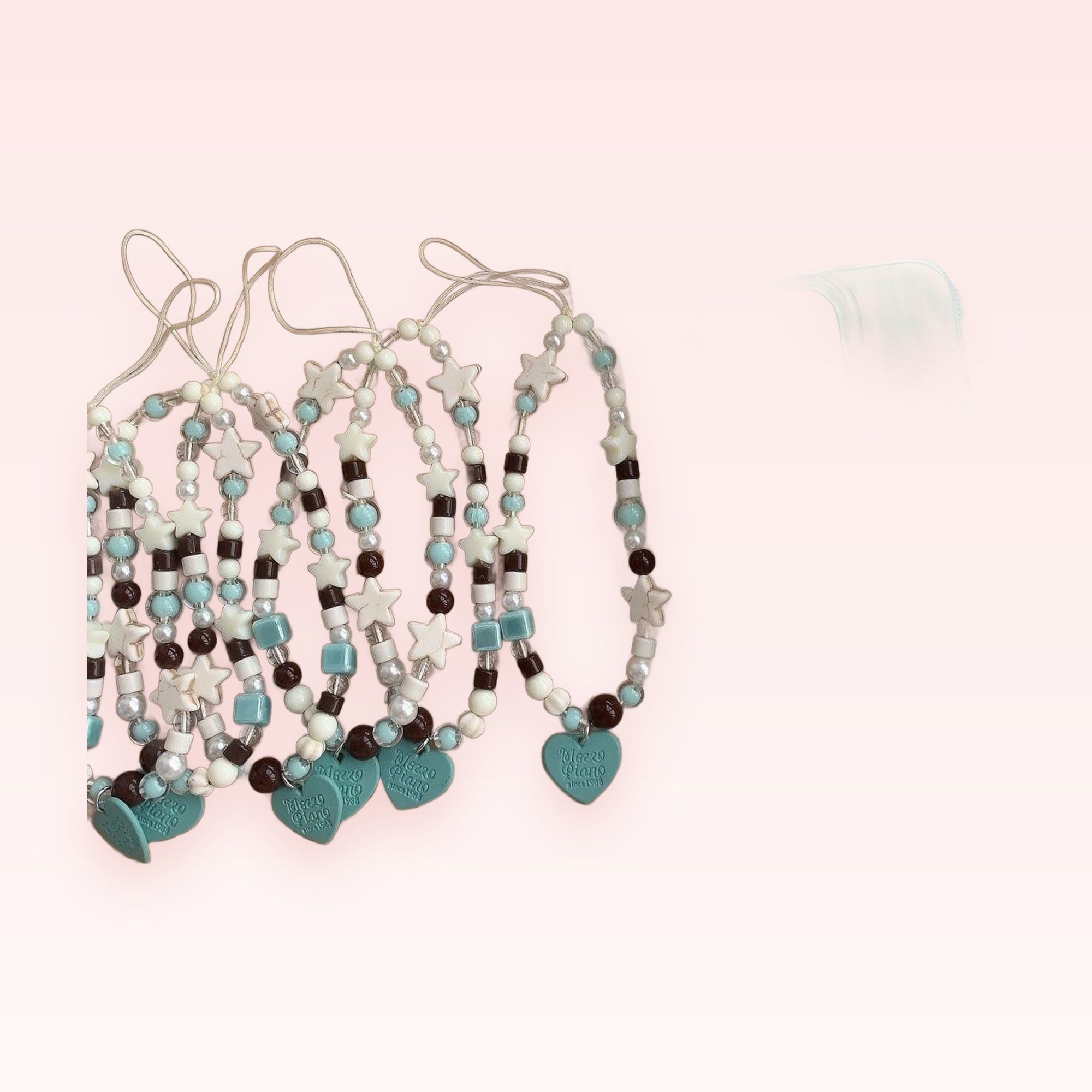 Kawaii Star & Heart Phone Charm Strap | Pastel Blue & Brown Beaded Wrist Lanyard