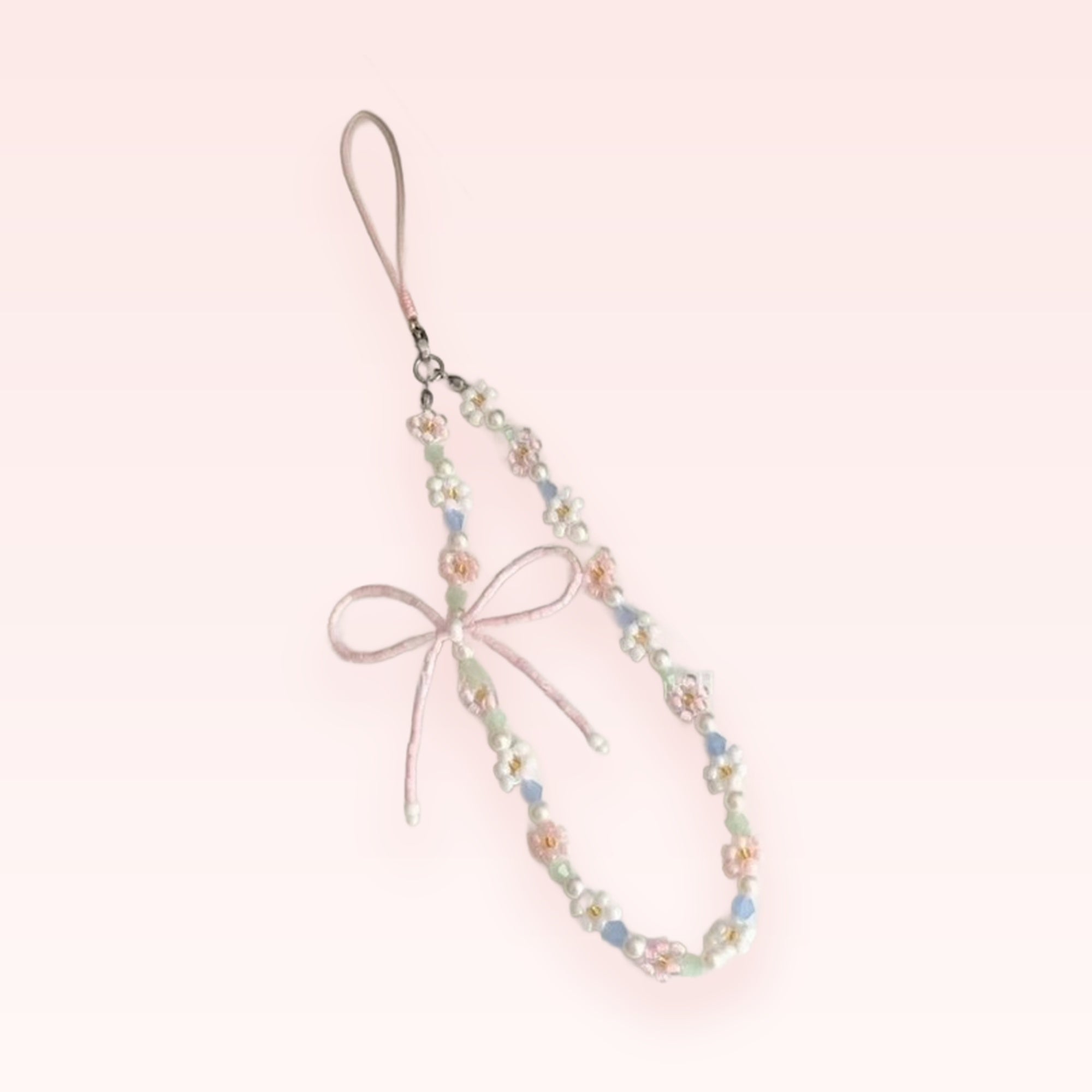 Pastel Daisy & Pearl Beaded Phone Charm Strap | Kawaii Pink Bow Wrist Lanyard