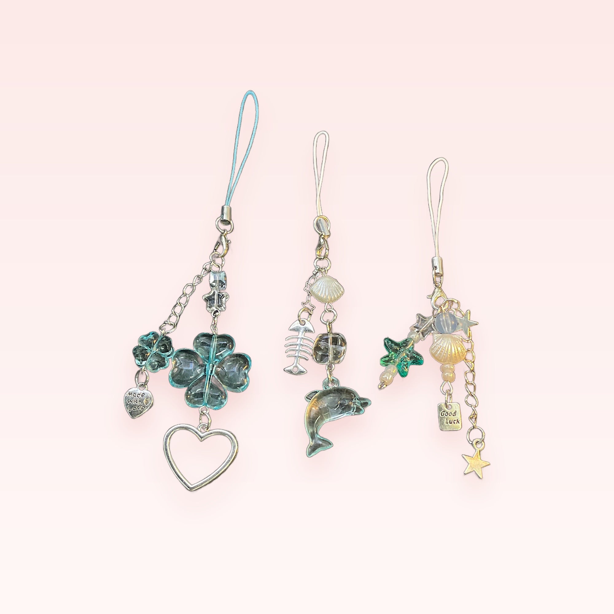 Aesthetic Blue Clover & Ocean Theme Phone Charms | Y2K Beaded Wrist Straps