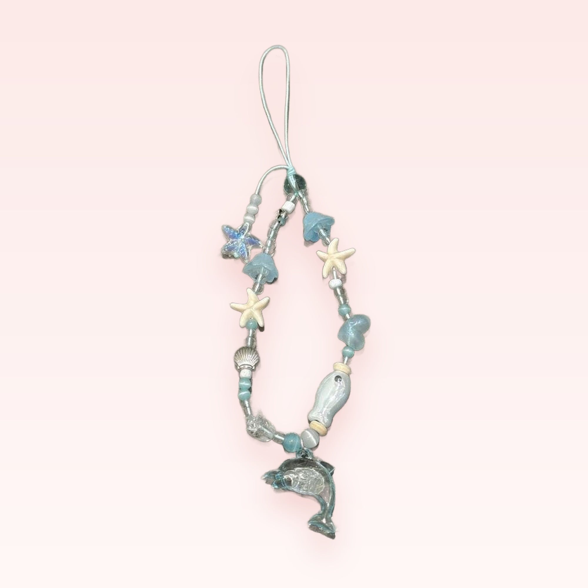 Aesthetic Ocean Blue Beaded Phone Charm | Cute Starfish & Dolphin Wrist Strap
