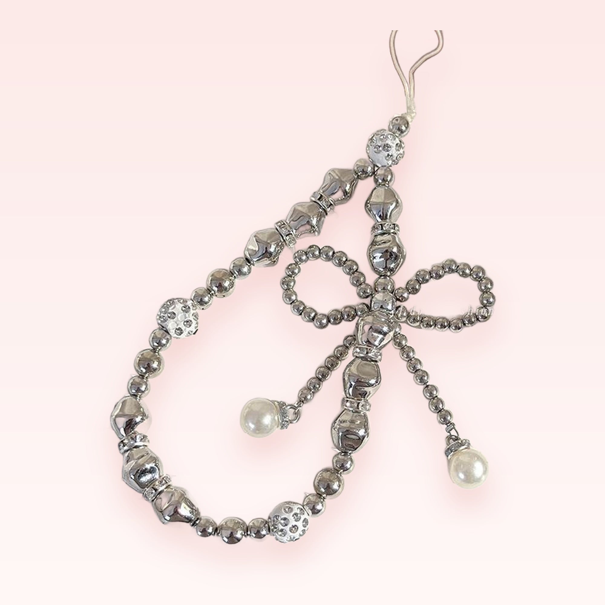 Silver Beaded Bow Phone Charm | Aesthetic Pearl Wrist Strap Lanyard