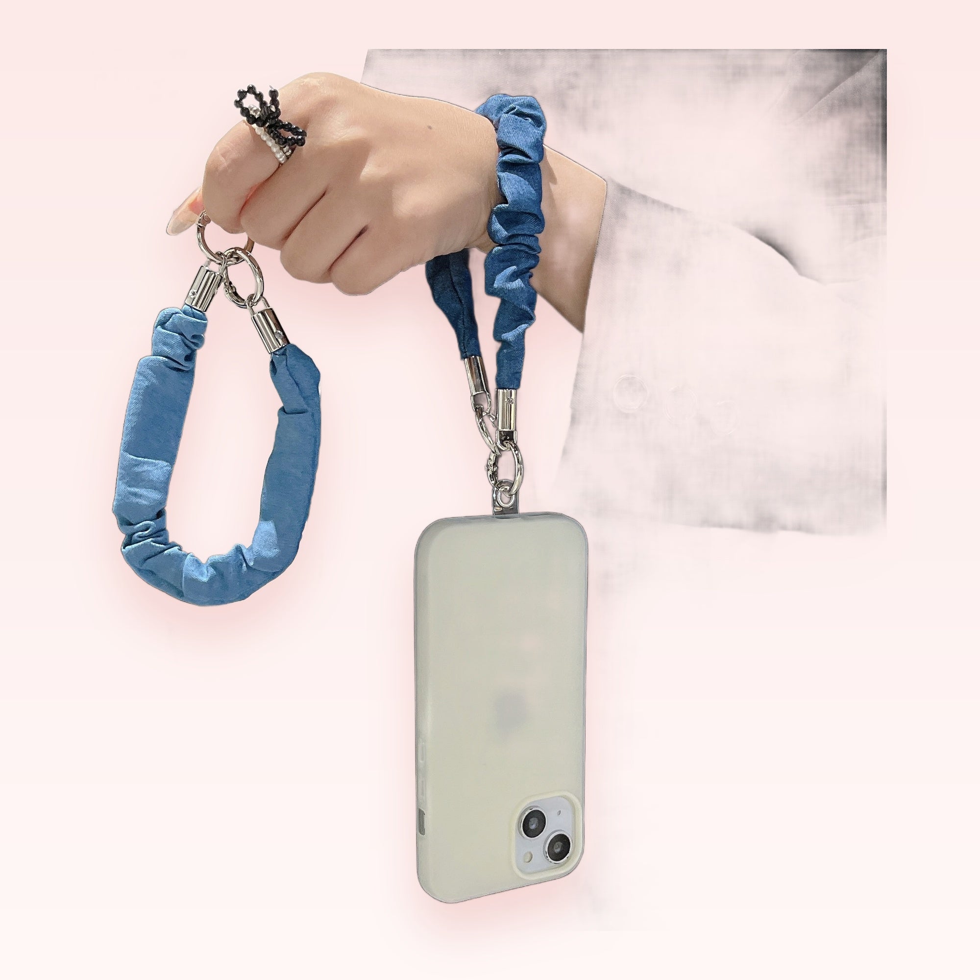 Blue Scrunchie Phone Charm Wristlet | Aesthetic Denim-Look Phone Strap